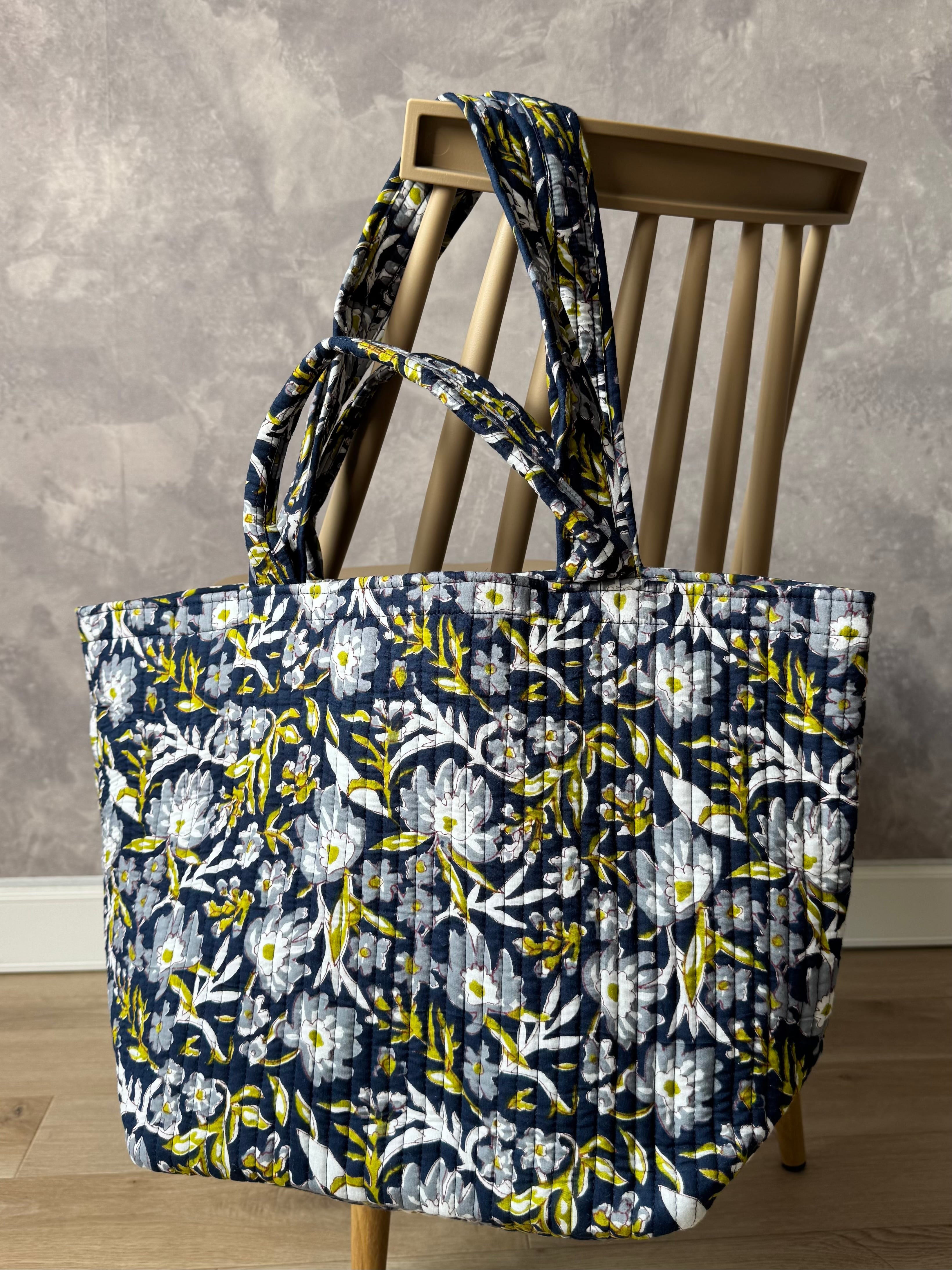 【Lサイズ】ブロックプリントバッグ/ネイビー