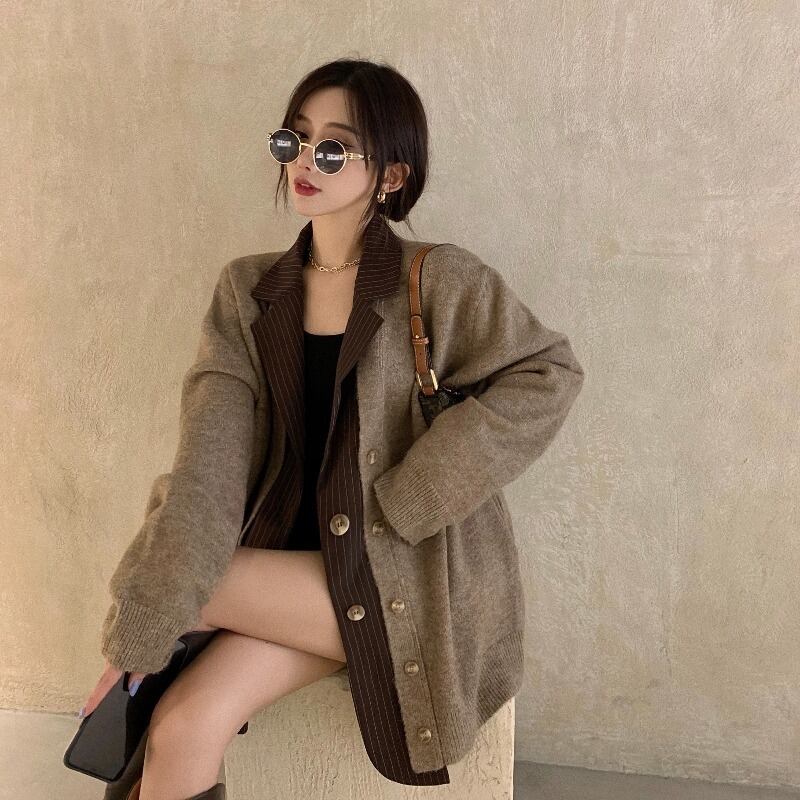 ニットセーター ストライプルーズジャケット オータムウィンターカーディガン 秋物 冬物 ブラックストロベリース16488563863