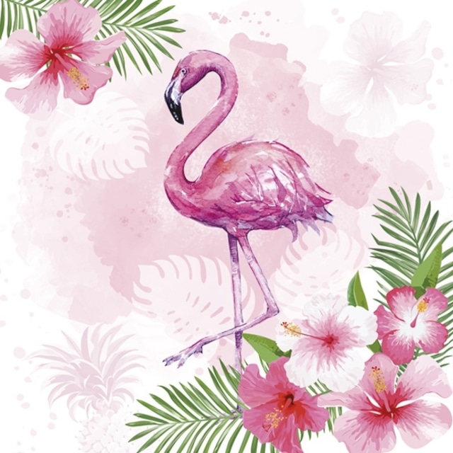 【Daisy】バラ売り2枚 ランチサイズ ペーパーナプキン WATERCOLOUR FLAMINGO WITH HIBISCUS FLOWERS ピンク