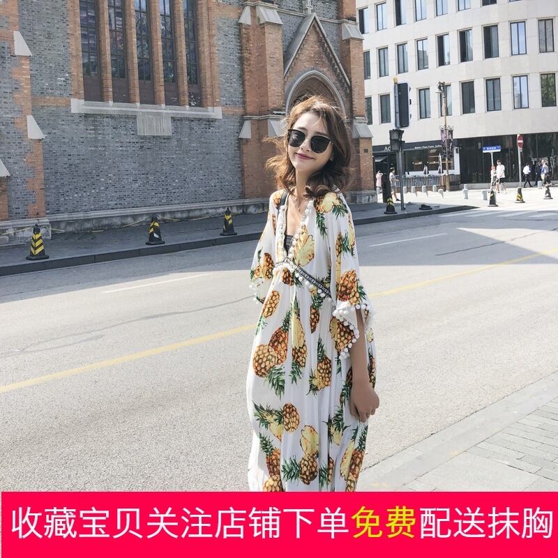 スカート サマースタンダードルーズプリント柄Vネックドレス レトロ 夏物 ビーチ 延命家ファッション1957422