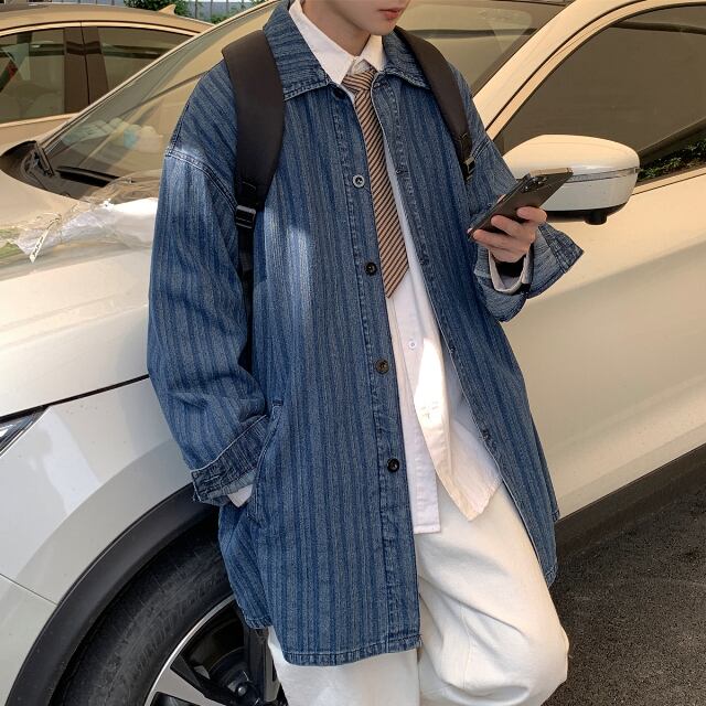 【予約販売】コート 防寒 メンズ アウター デニム ミドル丈 レトロ ストライプ柄 ブルー こなれ感 お洒落 韓国 トレンド 秋 冬 S/M/L/XL