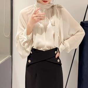 long sleeve ribbon chiffon blouse(2color)<t1657>