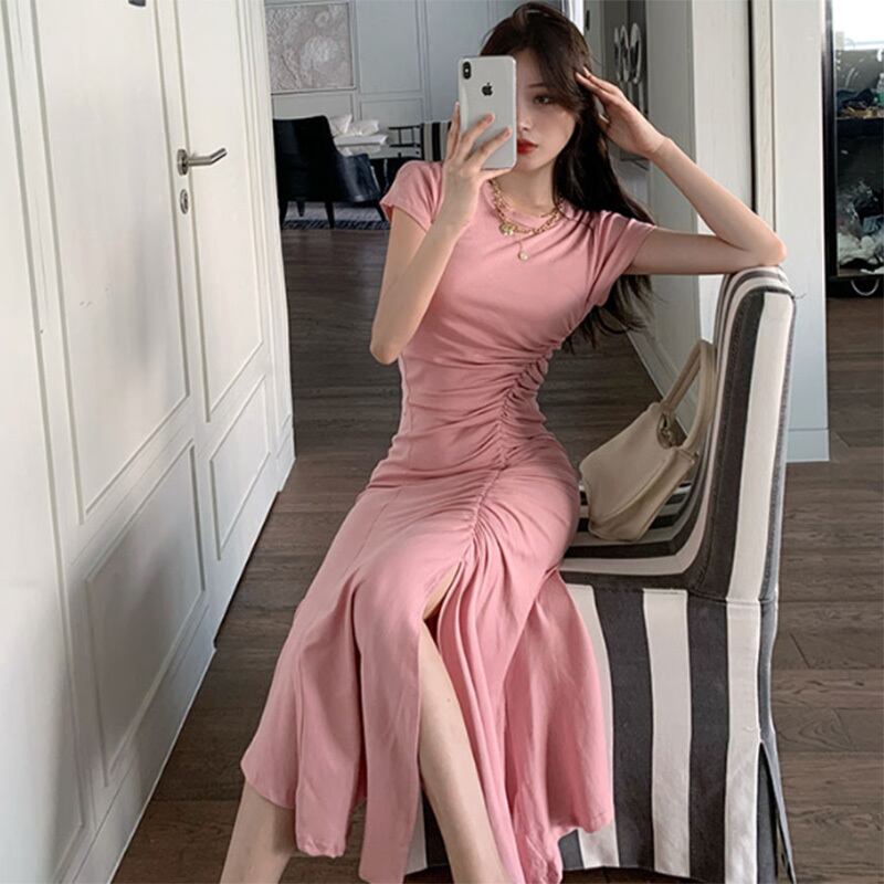 One Piece Gather Elegant ワンピース ロングワンピース フィッシュテール スリット ウエストギャザー 半袖 スリム タイト セクシー オシャレ シンプル 2色展開 ピンク ブラック 大人 きれいめ エレガント カジュアル お出かけ 普段使い デート リゾート 旅行 春 夏 Sea