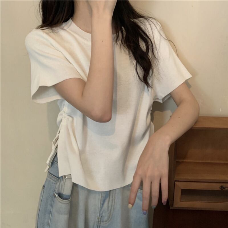 サマースタイルラウンドネック半袖スリーブニットトップス レディース ショート ハーフスリーブ 夏物 Oネック ハンチェンe98630559047