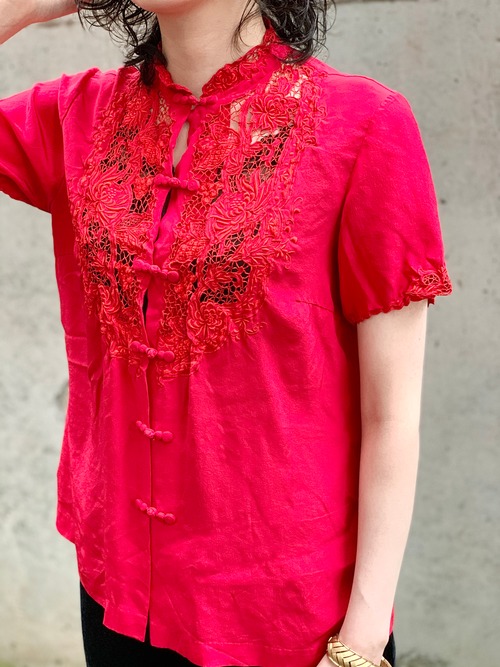 Vintage Red Silk Chinese Embroidered Cutwork Blouse 