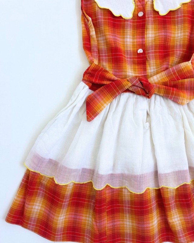 【5-6T・vintage】チェック柄エプロン風ワンピース
