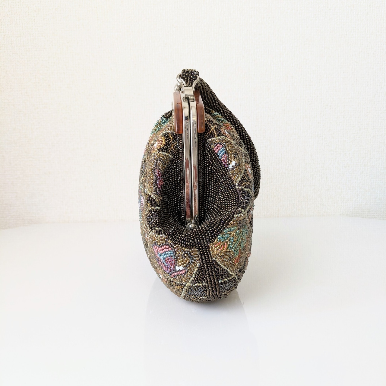 Vintage】ビーズ刺繍バッグ Beaded Bag 茶系 べっ甲風がま口 花菱文様 