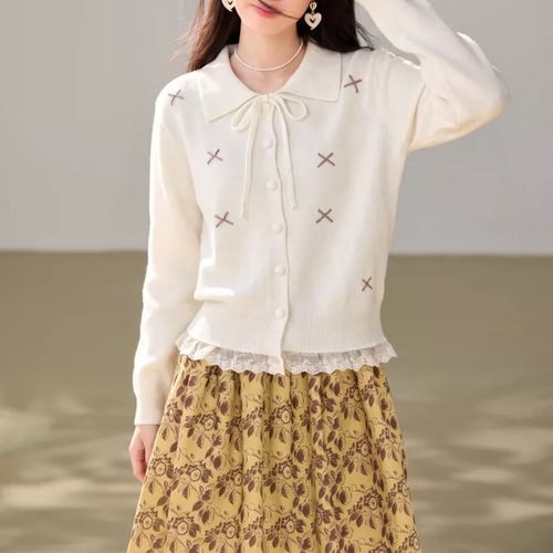 刺繍レースヘムリボンニットカーデ ・79453