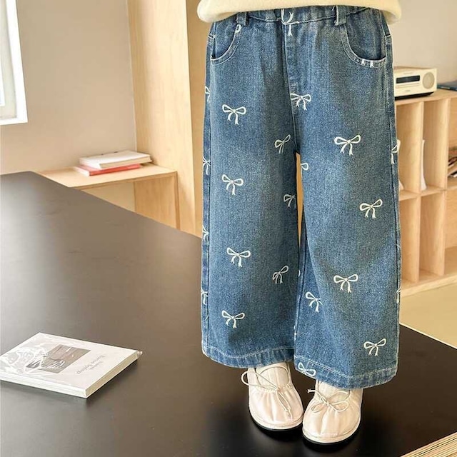 〈90-140size〉ワイドリボン柄 ジーンズ