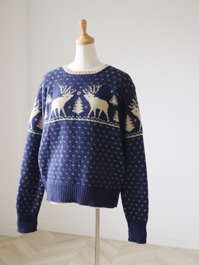 Ralph Lauren reindeer design hand knitted jacquard sweater(NAVY BLUE)