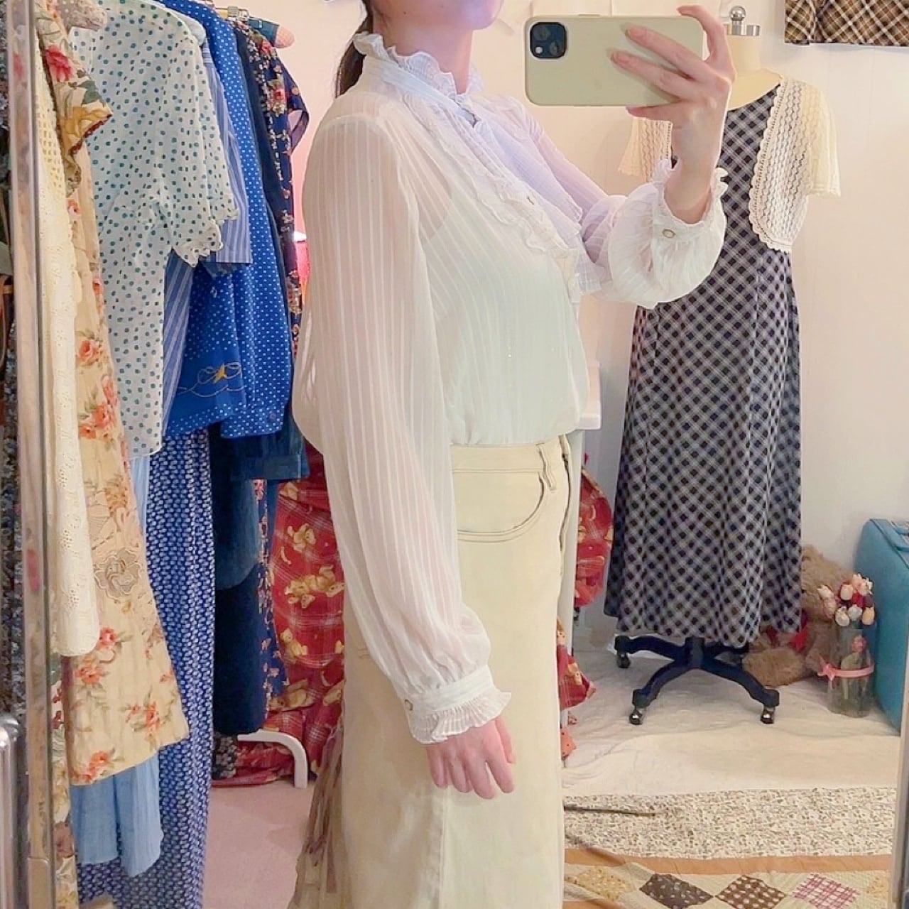lame stripe sheer frill blouse