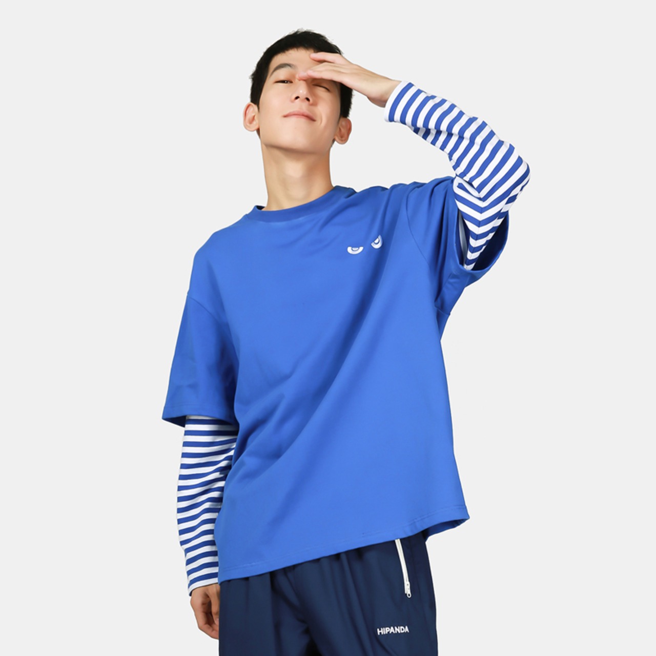 SALE 送料無料【HIPANDA ハイパンダ】メンズ レイヤード ビッグサイズ ロンT MEN'S LAYERED LONG SLEEVED T-SHIRT / BLUE