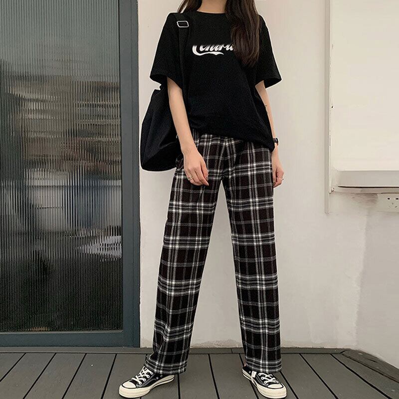 格子柄パンツ スプリングルーズハイウェストウェストカジュアルスタイル 春物 萌量不足68531482484