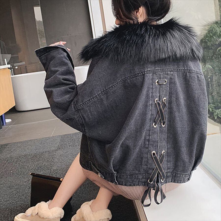 送料無料】 デニムジャケット ファー 長袖 編み上げ風デザイン