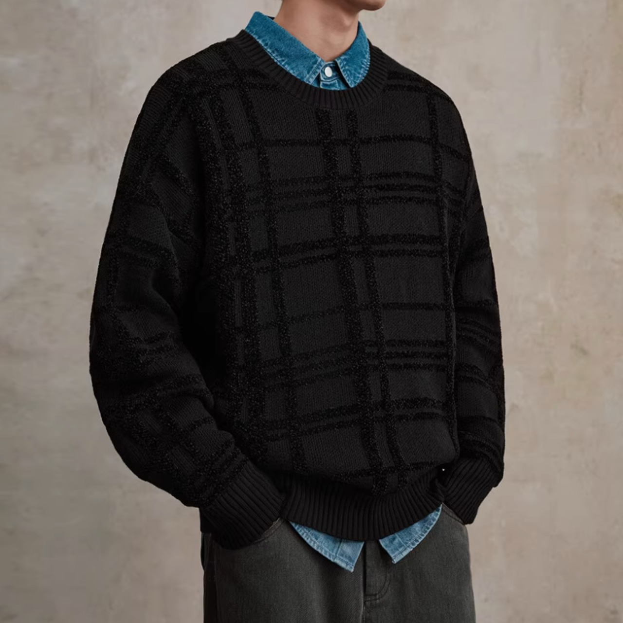 チェック柄 クルーネックニット af0071