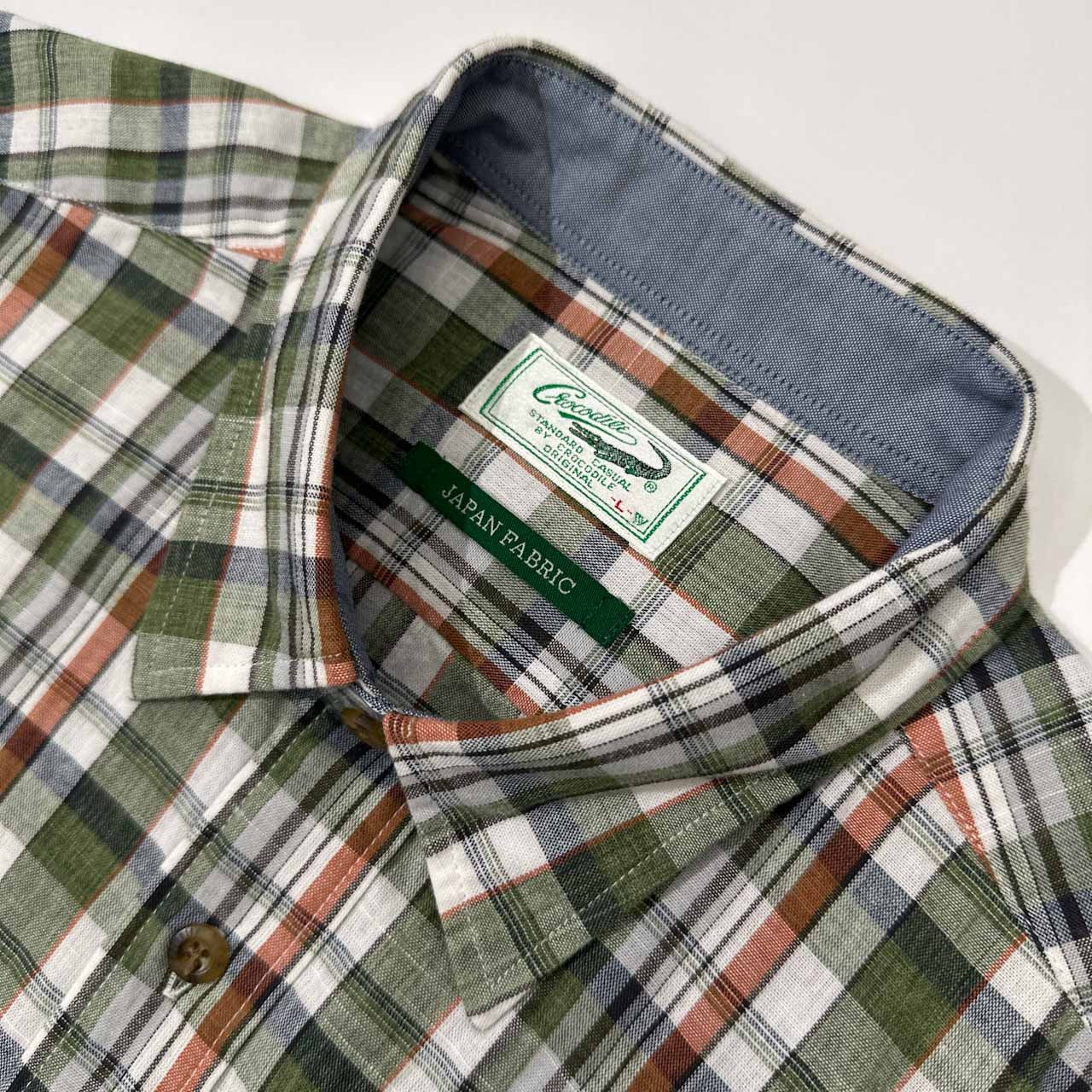 美品 Crocodile クロコダイル チェック柄 コットン 半袖シャツ サイズ L /メンズ/日本製生地/グリーン系