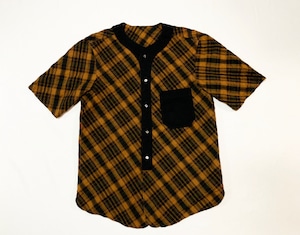 19SS 硫化染め綿麻シアサッカーチェックベースボールシャツ /  sulfide dyeing cotton linen seersucker check pattern baseball shirts