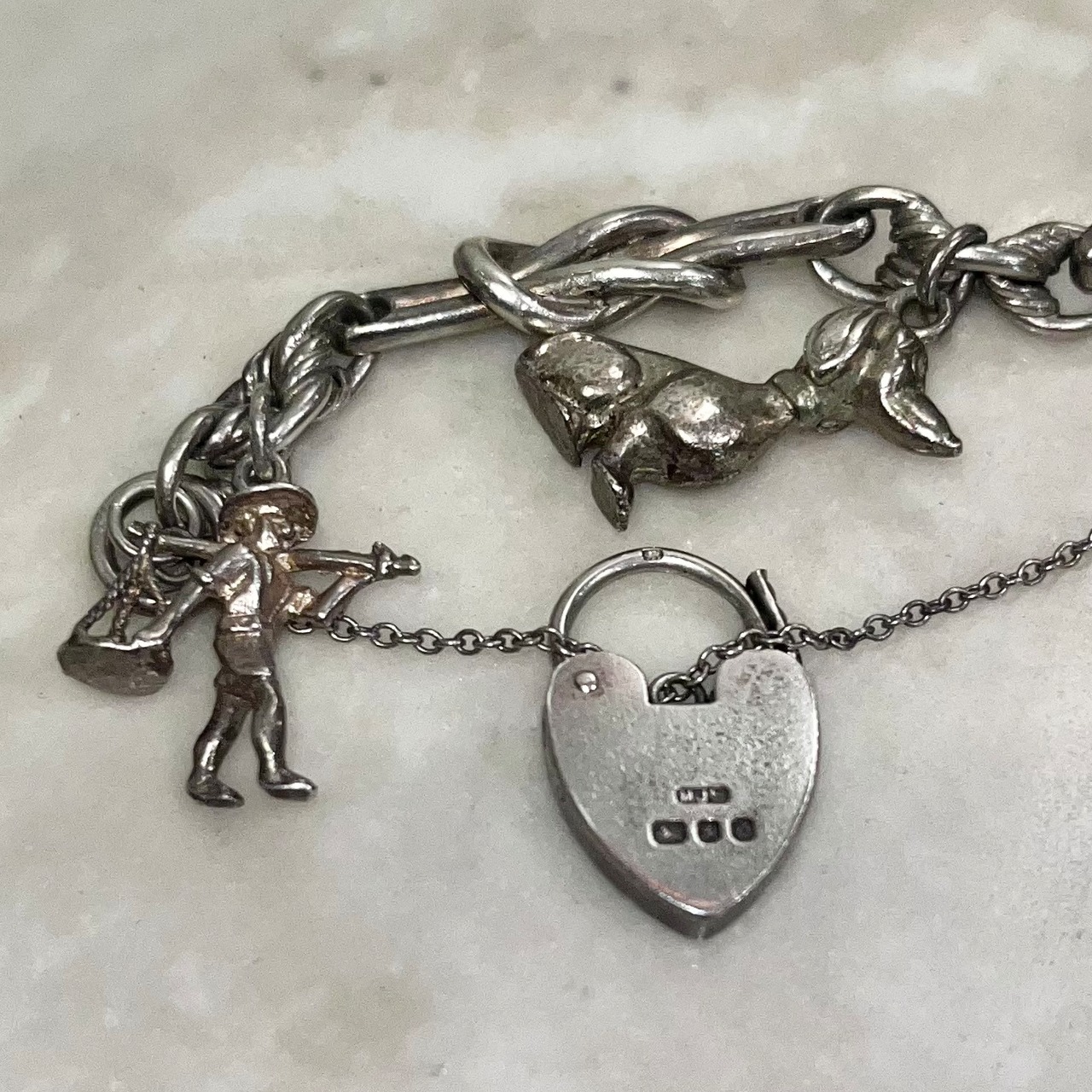 antique victorian 7 chrarms knot link silver bracelet with padlock