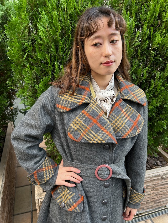 70's check gray coat with muffler& belt
