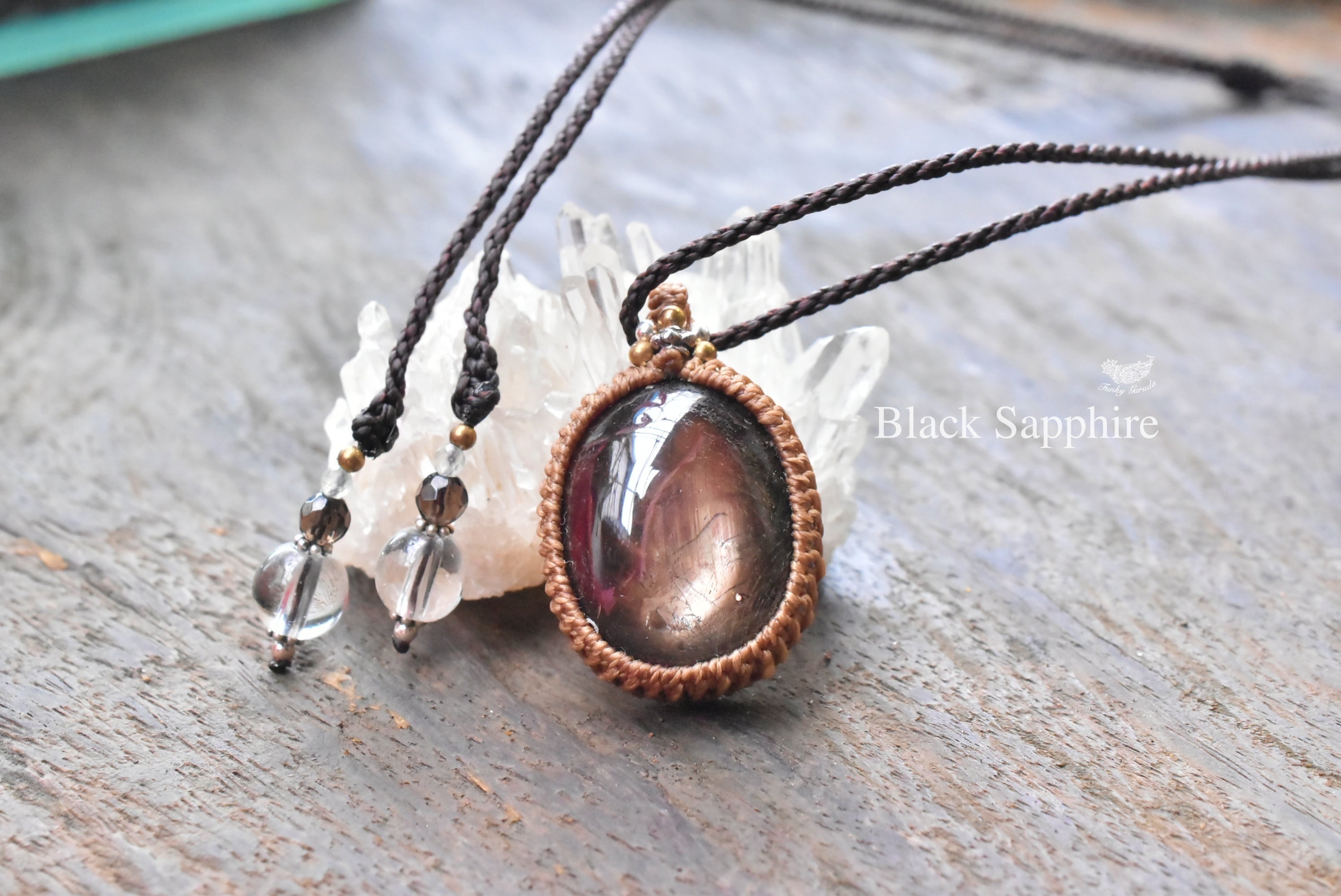 ダブルスター入り★ブラックサファイア マクラメネックレス1260