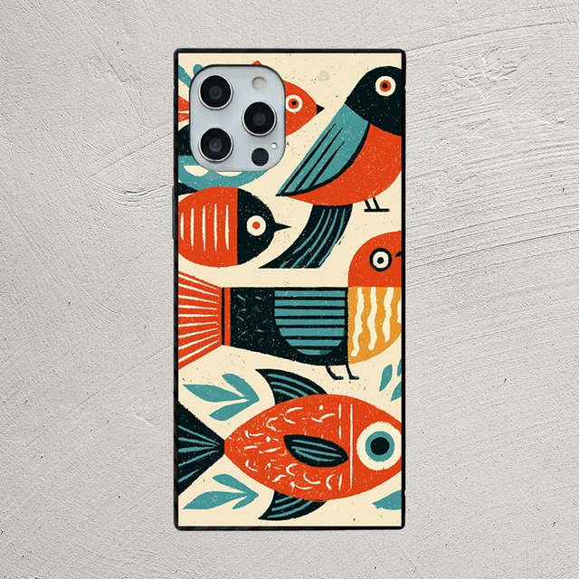 受注生産 iPhoneケース 鳥と魚のサイケ民芸柄｜鳥と魚モチーフ PSYF001C