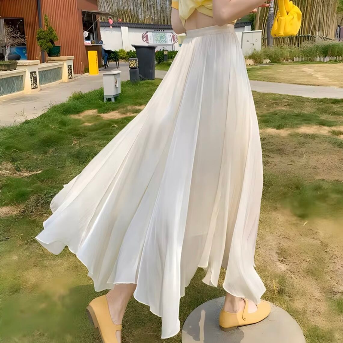 shiny random hem long skirt