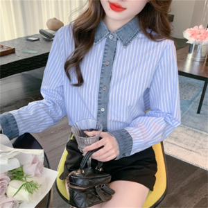 【送料無料】 トップスレディース ブラウス 袖あり 長袖 ロング Aライン フレア Vネック ストライプ バイカラー 異素材切り替え ドッキング ボタン 薄手生地 デニム かわいい 大人可愛い 大人女子 こなれ感 シンプル カジュアル 大人 上品 おしゃれ お洒落 ラフ コンサバ ガーリー しましま 春 10代 20代 30代 40代 レディース 女性 デート お出かけ お茶会 女子会 休日 演奏会 授業参観 着回し プチプライス デイリーユース 普段使い オルチャン 韓国系 ファッション 着痩せ