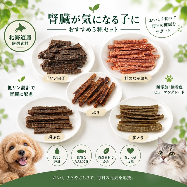 【犬猫用 腎臓が気になる子に】ヘルシーアニマルズ おすすめ5種ジャーキーセット｜無添加・無着色・健康サポート