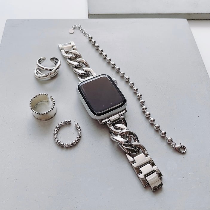 Apple Watch チェーンバンド シルバー レザーホワイト 45mm