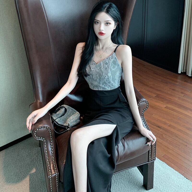 レースハイウェストウェストジャンプスーツ オールインワン サマーレッドワイドレッグ 夏物 ワイドパンツ ステッチ ガールズファッション72526331666