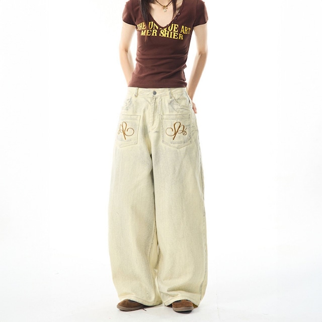 ポケットエンブロイダリーワイドデニムパンツ R00837
