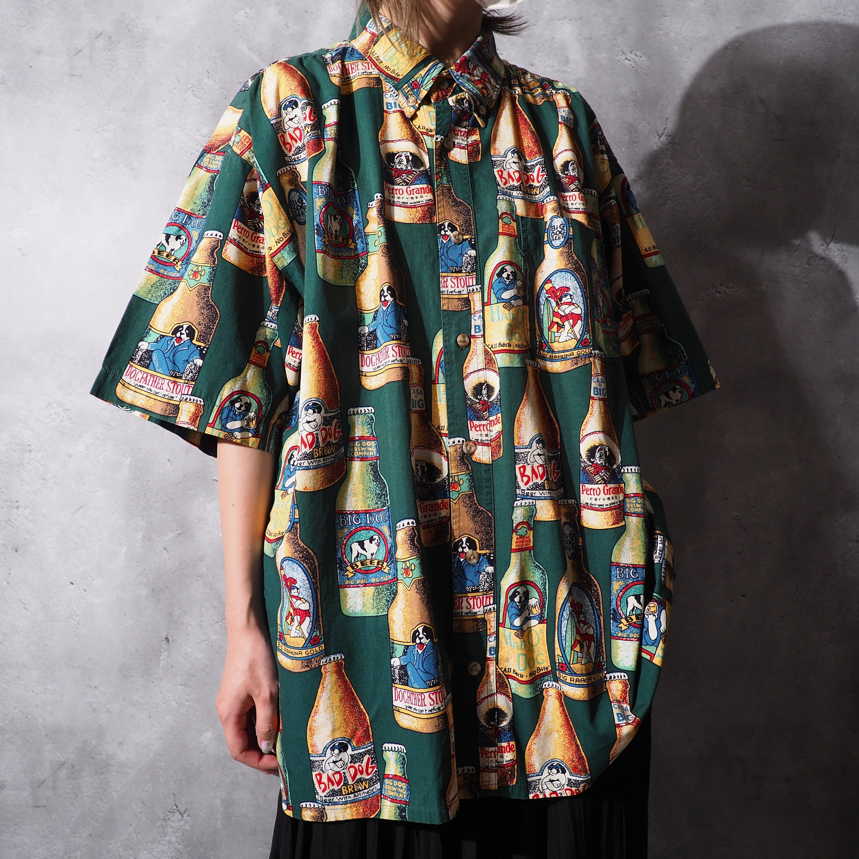 1990s ” Liqueur Big Dogs ” printed cotton button down shirt