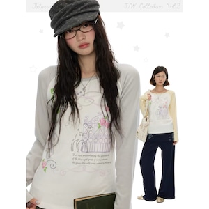 [BETWEENAND] Deer Rose Raglan Long Sleeve Top