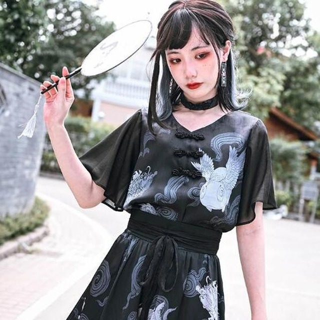 天使と悪魔 古怪舎 山海経 ブラウス 半袖 レトロ 病み可愛い Chinesegothic シフォン ネックベルト付属 地雷服 原宿 サブカル 10代 代 天使と悪魔 サブカル系ファッション Seasonz