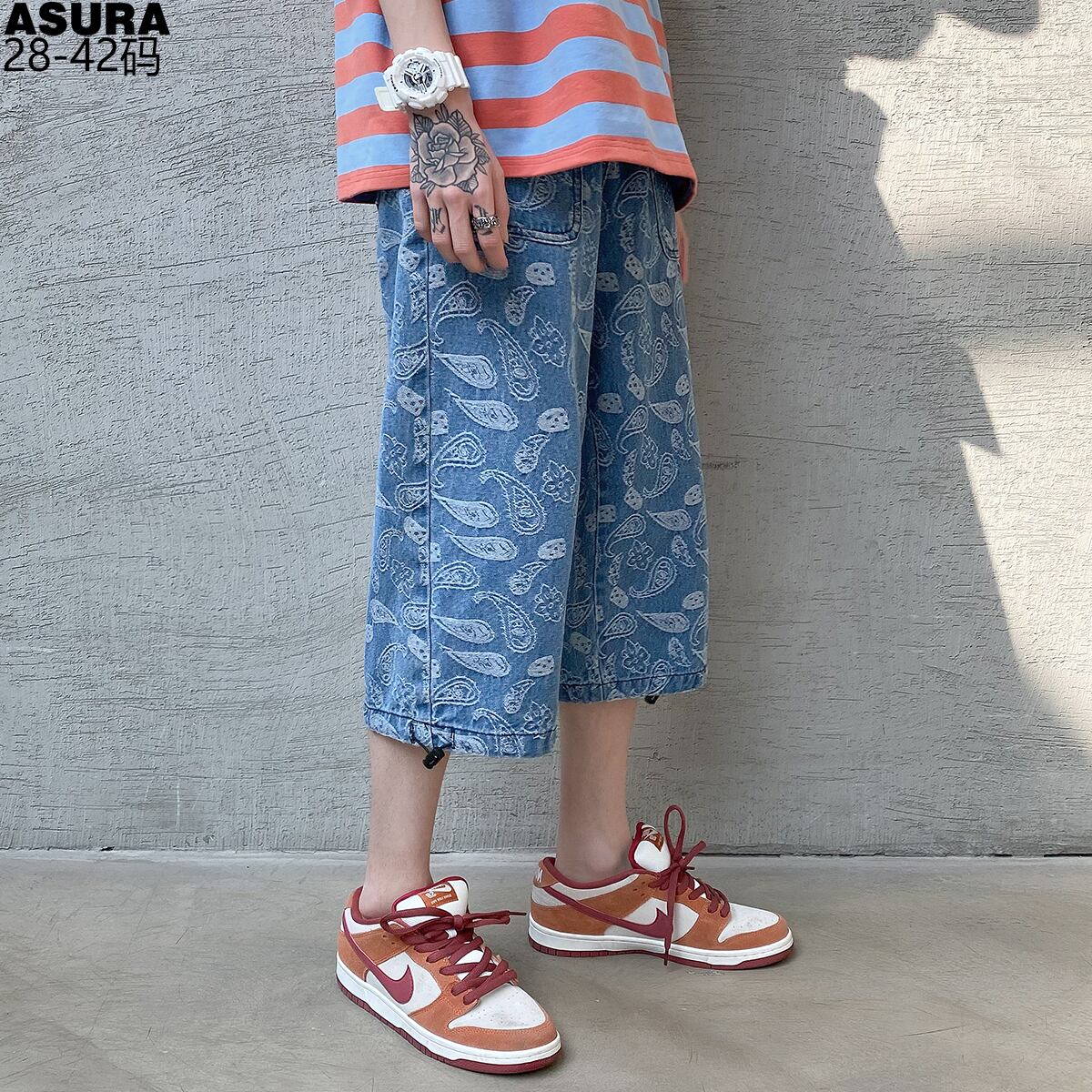 Flowerデザイン クロップドパンツ ルーズショーツ サマースタイル 大きめサイズ 夏物 ブルマー フラワーデザイン ASURAプラスサイズメンズ33154058558