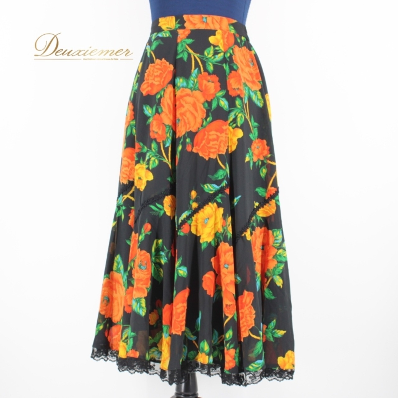 社交ダンス 衣装 スタンダード スカート レッスンウェア 女性用 レディース オールシーズン 黒 緑 ブラック系 グリーン系 オレンジ系 クインスター 花柄 レース フラワーデザイン レース付き フェミニン 日本製 スカート丈77cm ウエスト32cm~