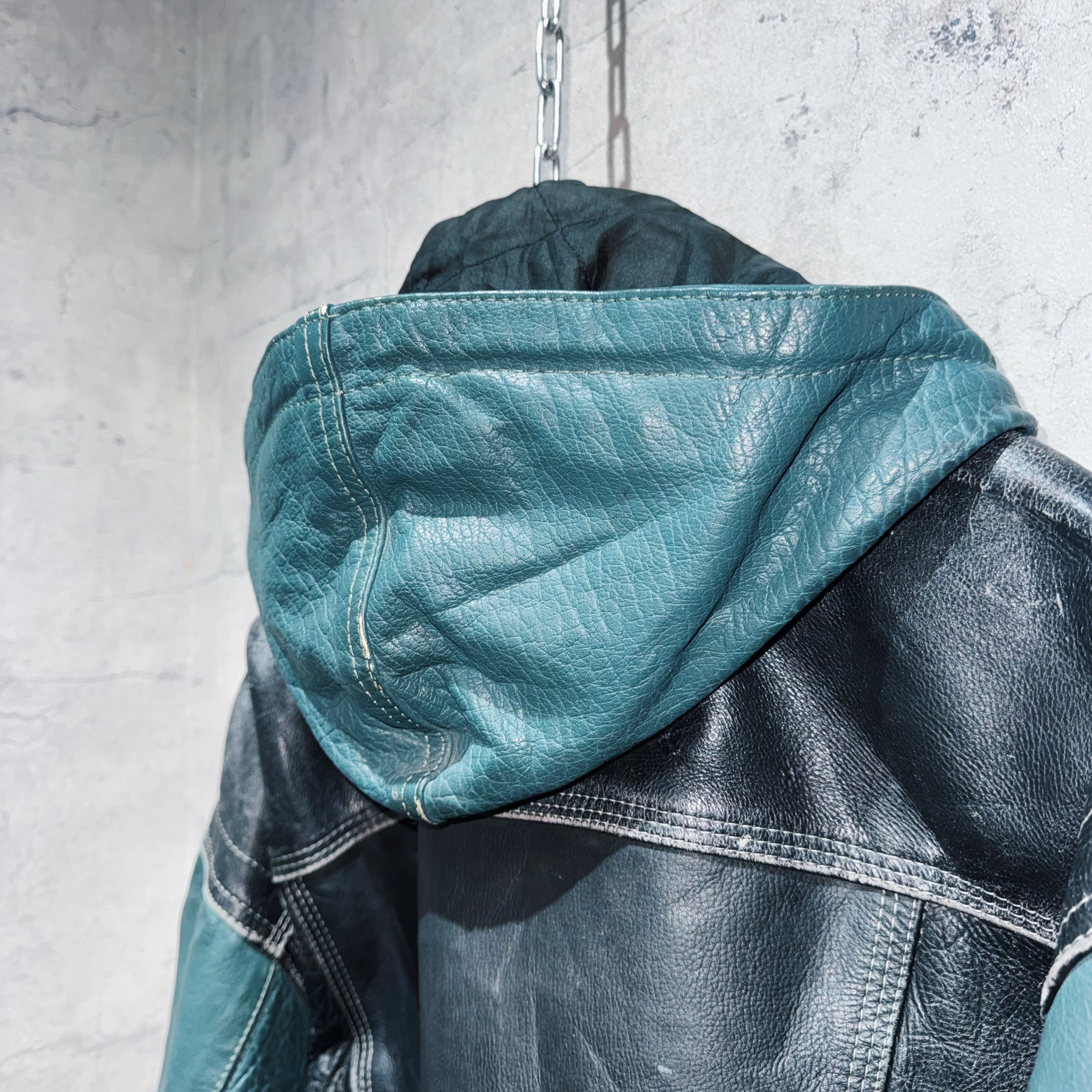 special 90's 2way cowhide switching color design hoodie leather