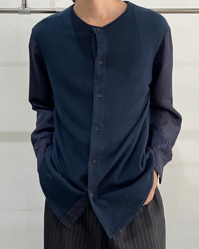 【y's】switching material collarless shirt