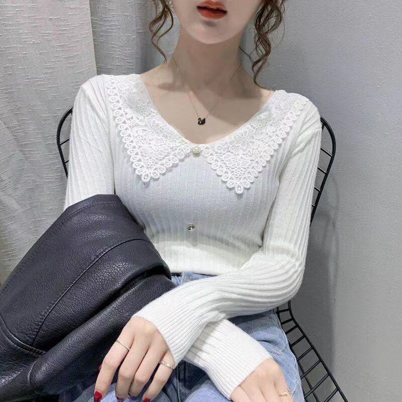 レースネックリブニット