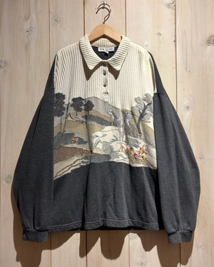 【a.k.a.C.a.k.a vintage】"TOGETHER" Knit Swiching Wolf Embroidery Loose Sweat Polo