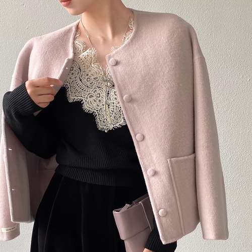 3色／ウールノーカラーショートコート ・20132