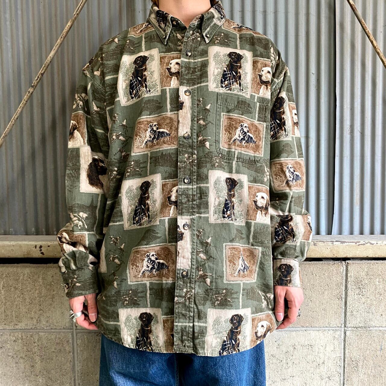Redhead 犬柄 鴨 コットン 長袖 総柄シャツ メンズxl 古着 アニマル柄 動物 イヌ ボタンダウンシャツ カーキ オリーブグリーン 長袖シャツ Cave 古着屋 公式 古着通販サイト