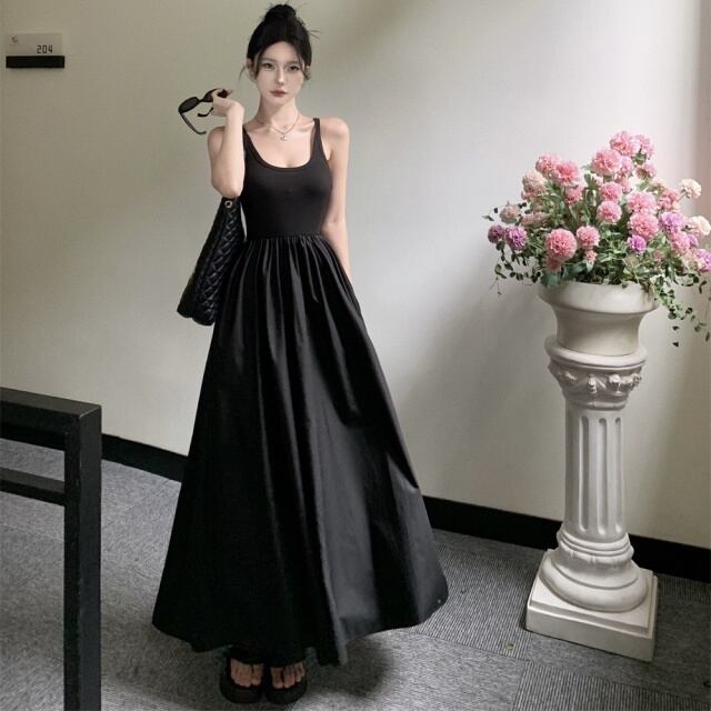 【予約販売】ワンピース ロング丈 レディース 無地 ドッキング タンクトップ レディース 黒 ブラック マキシ丈 フレア シンプル こなれ感 ワンピ 大人可愛い エレガント 韓国 旅行 バカンス 春 夏 トレンド S/M/L