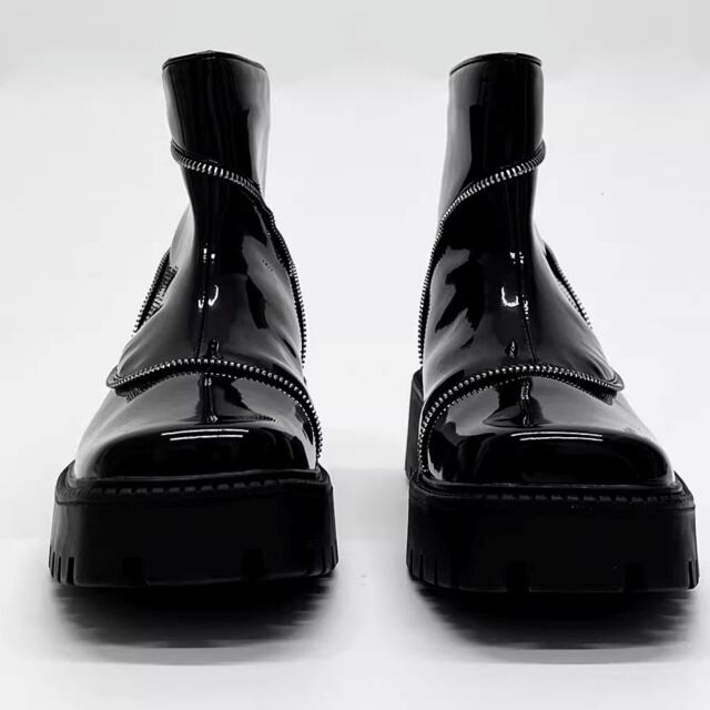 予約販売】ブーツ レザー メンズ 艶 ジッパー チャック ゴツ底 厚底 靴