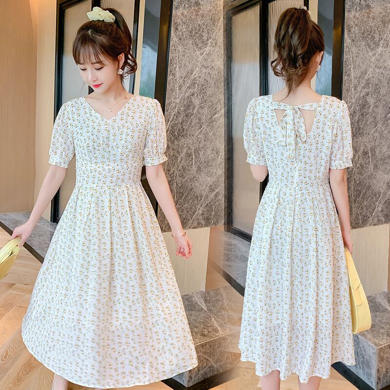 【新作】【送料無料】 マタニティウェア2020夏の新しいシフォンフローラルパフスリーブ看護ドレス、トレンディな母親のミドル丈の看護ドレス-アリババ サマー 夏物 花柄 expec284622792726