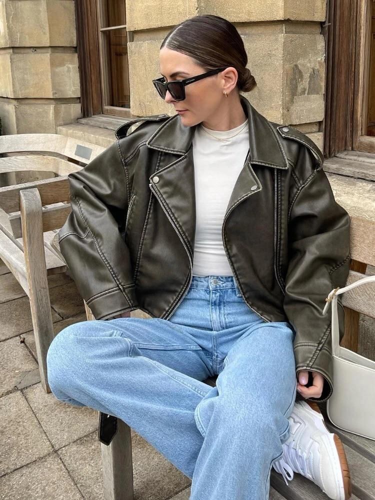 サンハートレディース合成皮革ショートジャケット、ベルト付き、ジッパー式ラペル、ルーズコート、モーターサイクルバイカーアウター、女性、春、秋