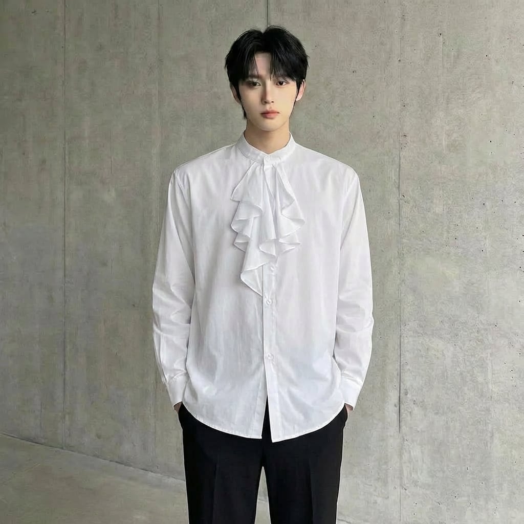 スタンドカラー フリルシャイニーシャツ 3カラー D10666 | 韓国メンズ