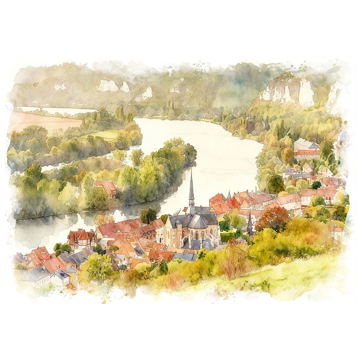 絵画 風景画(街並み) フランス ノルメンディー地方 インテリアアート額付き 水彩画・油絵調 WAT0563