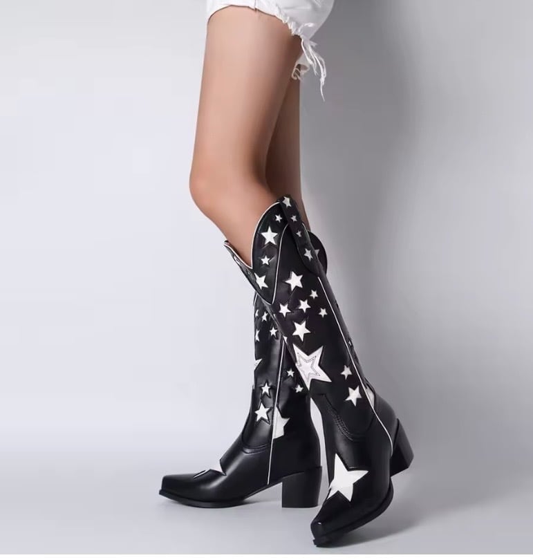 希少)texas starr ロングブーツ　prada ウエスタンブーツ風 星柄 ウエスタンブーツ ロングブーツ ウエスタン レトロ レザーブーツ