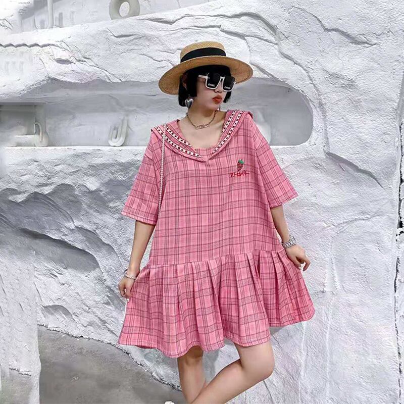 サマードレス ルーズスカート トップス ピンク 大きめサイズ 夏物 ミックスインファッション79640977772